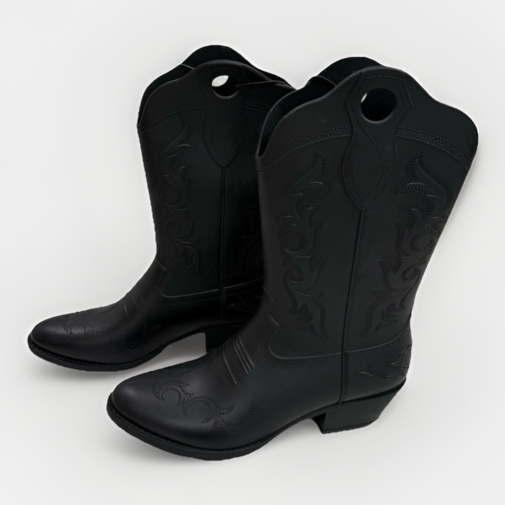 Womans Cowboy Rubber Rain Boots Sz 7 Black Pull On Water Resistant Southwestern